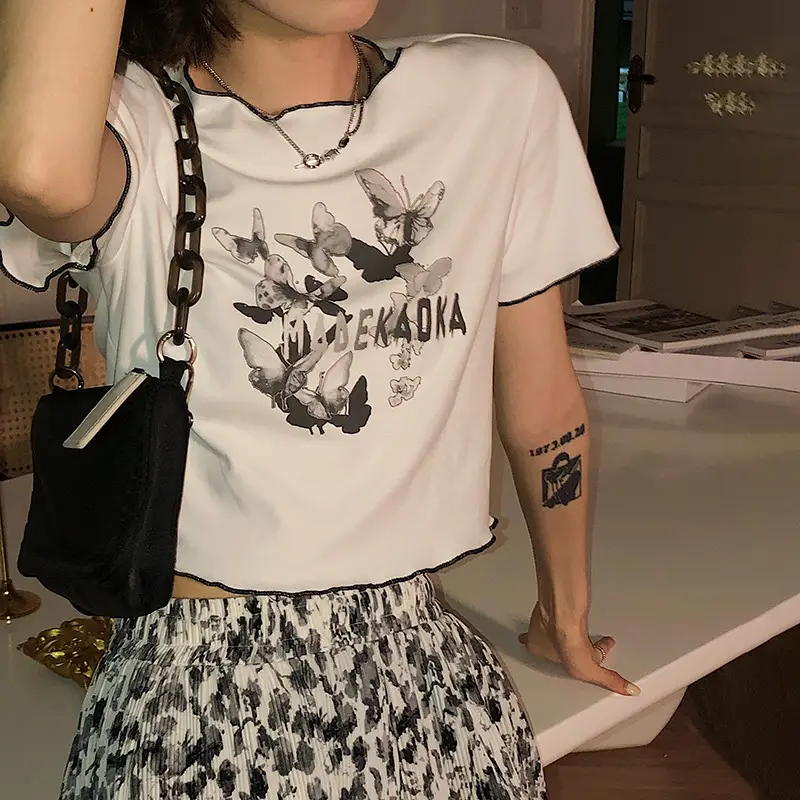 Women White Butterfly Print Short T-Shirt 2025 Summer - Image 5