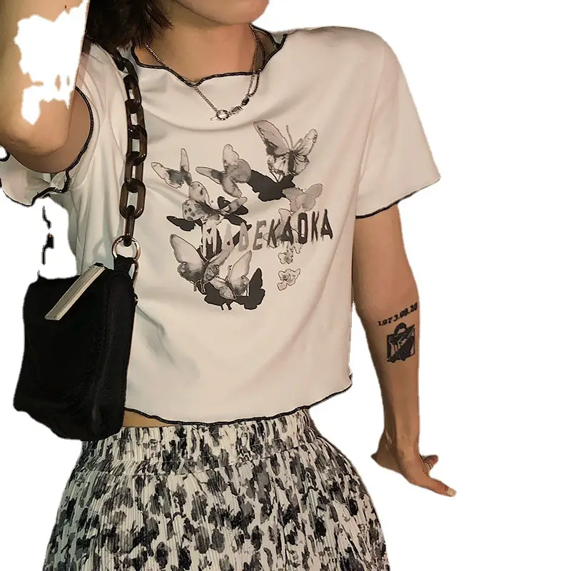 Women White Butterfly Print Short T-Shirt 2025 Summer - Image 6