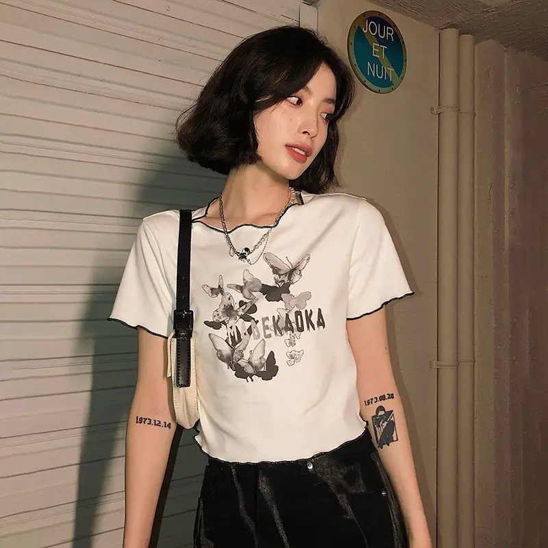 Women White Butterfly Print Short T-Shirt 2025 Summer - Image 2