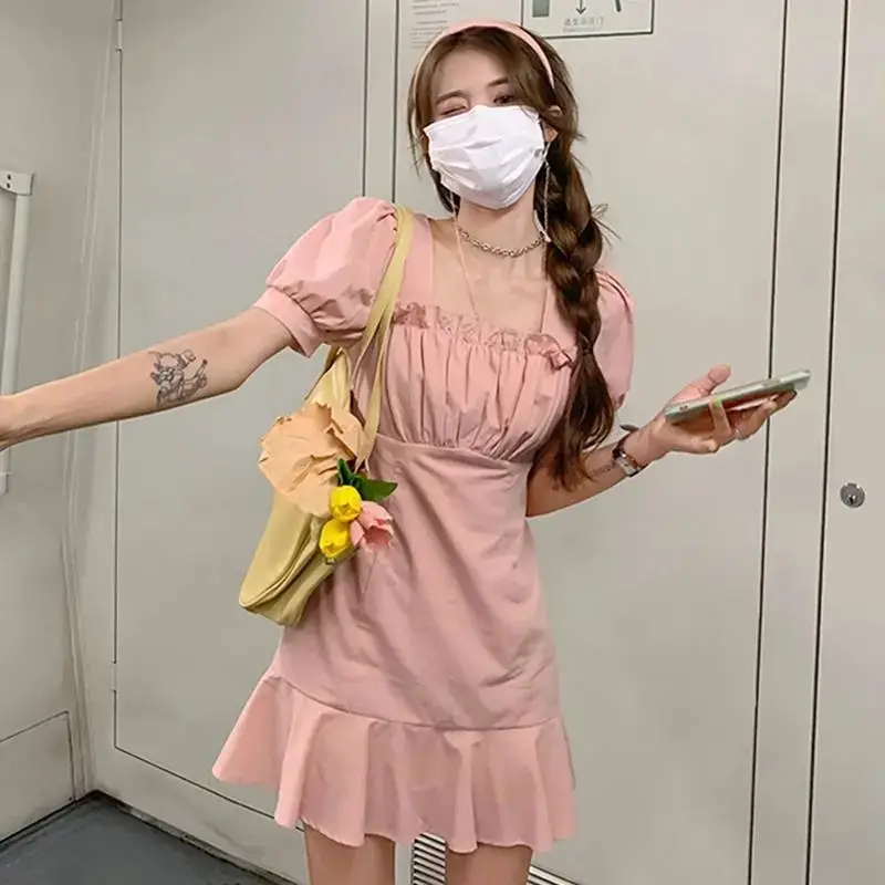 Women Pink Puff Sleeve Skirt Dress Summer New French Square Neck A-Line Skirt - Image 4