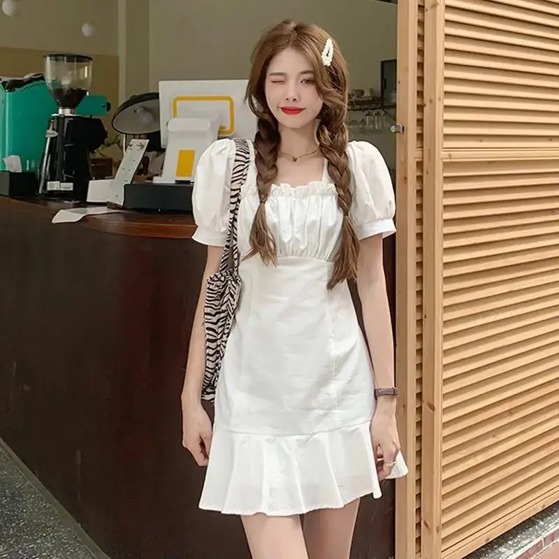 Women Pink Puff Sleeve Skirt Dress Summer New French Square Neck A-Line Skirt - Image 5