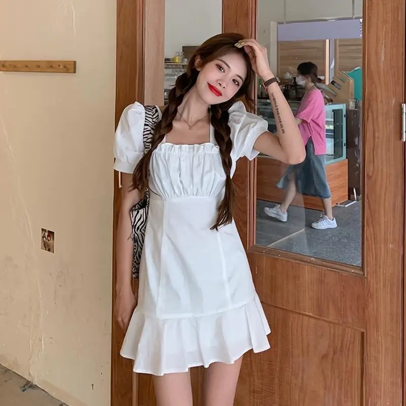 Women Pink Puff Sleeve Skirt Dress Summer New French Square Neck A-Line Skirt - Image 8