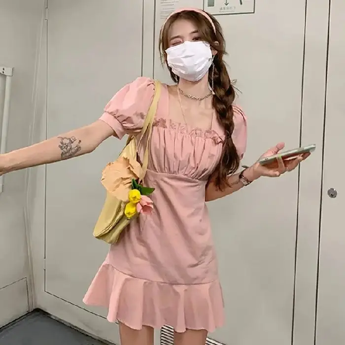 Women Pink Puff Sleeve Skirt Dress Summer New French Square Neck A-Line Skirt - Image 2