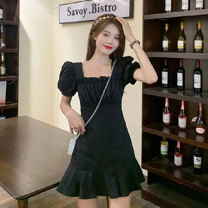 Women Pink Puff Sleeve Skirt Dress Summer New French Square Neck A-Line Skirt - Image 3