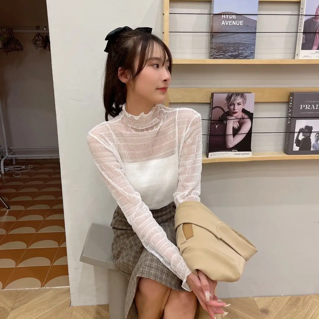Women Lace Chiffon Half Collar Top Winter - Image 7