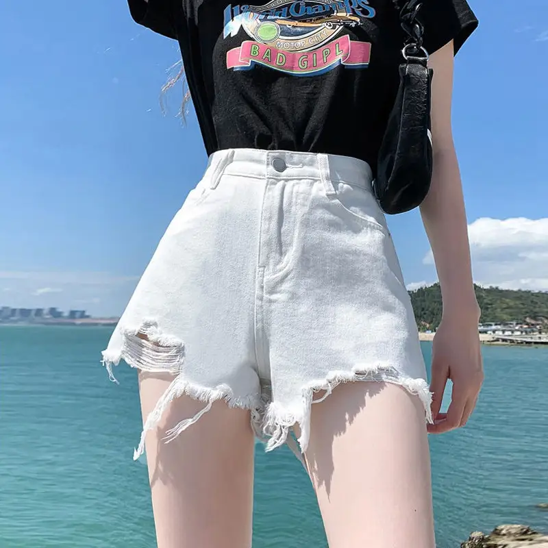 White Ripped Denim Shorts Women 2025 Slimming High Waist - Image 6