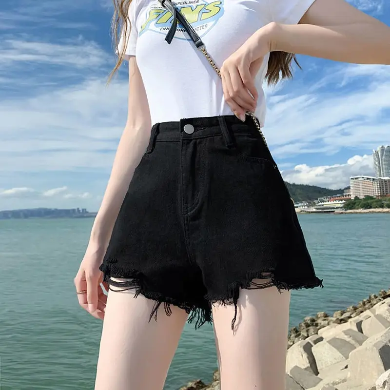 White Ripped Denim Shorts Women 2025 Slimming High Waist - Image 2