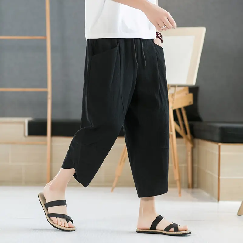 Men's Black Wide Leg Capri Pants Summer Casual Wear - Image 10