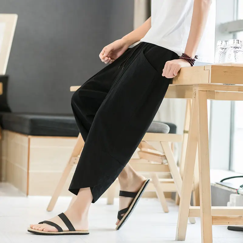 Men's Black Wide Leg Capri Pants Summer Casual Wear - Image 2