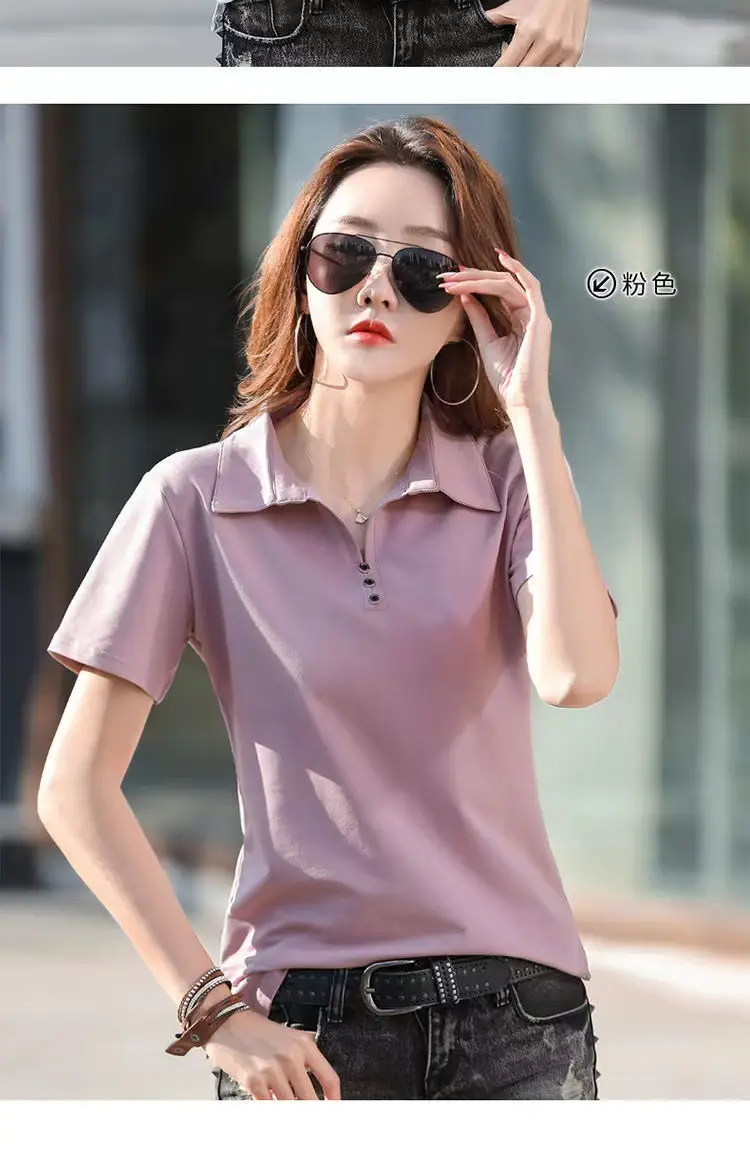 Women Polo T-Shirt Summer 2023 Solid Color — feature 11
