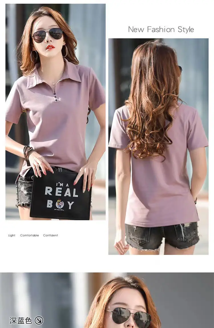 Women Polo T-Shirt Summer 2023 Solid Color — feature 12