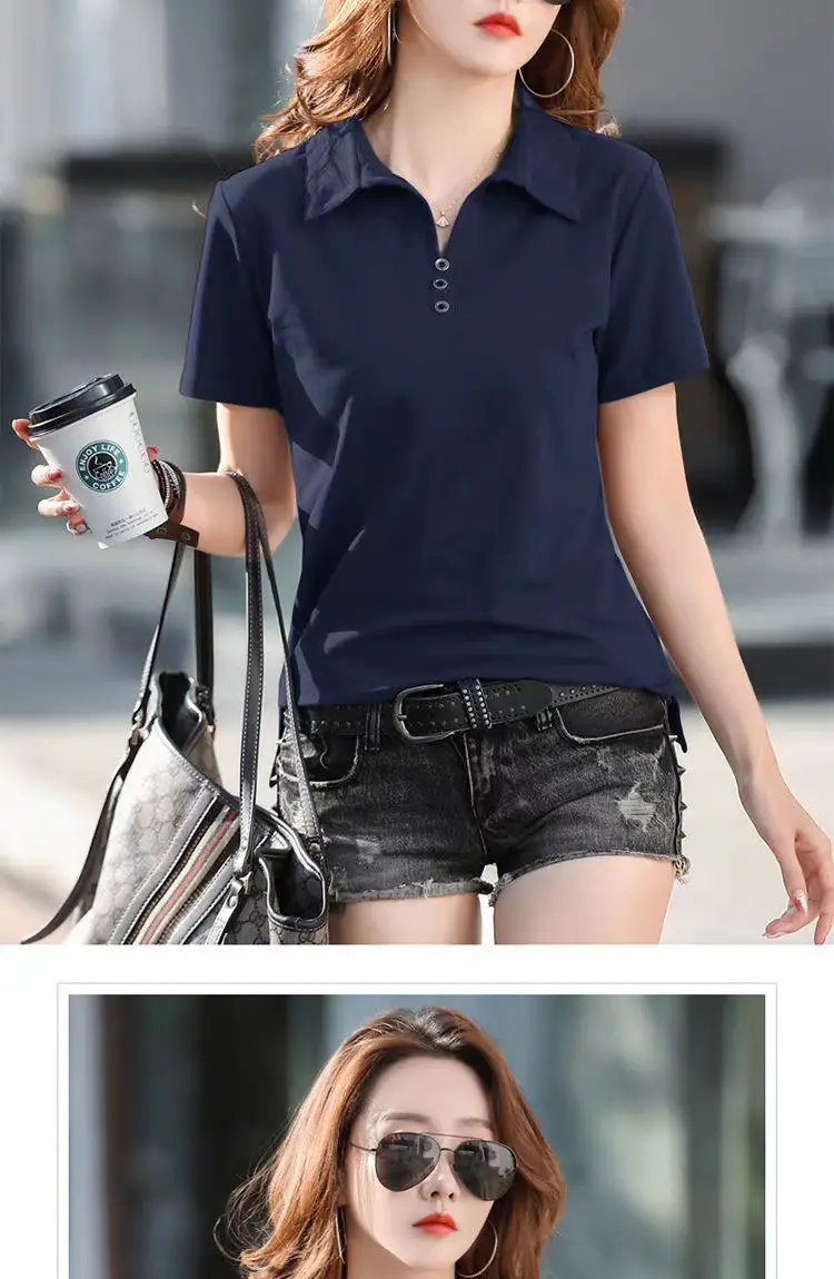 Women Polo T-Shirt Summer 2023 Solid Color — feature 13