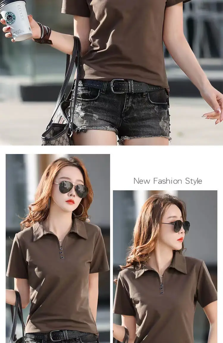 Women Polo T-Shirt Summer 2023 Solid Color — feature 16