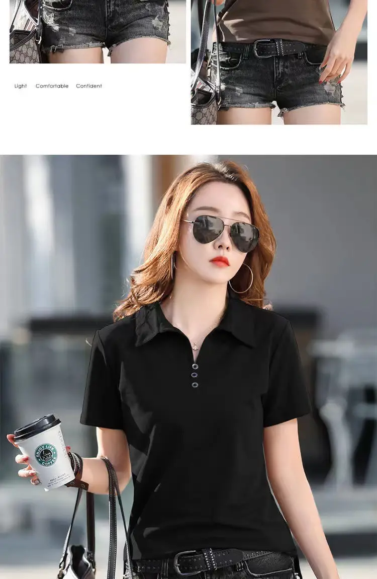 Women Polo T-Shirt Summer 2023 Solid Color — feature 17