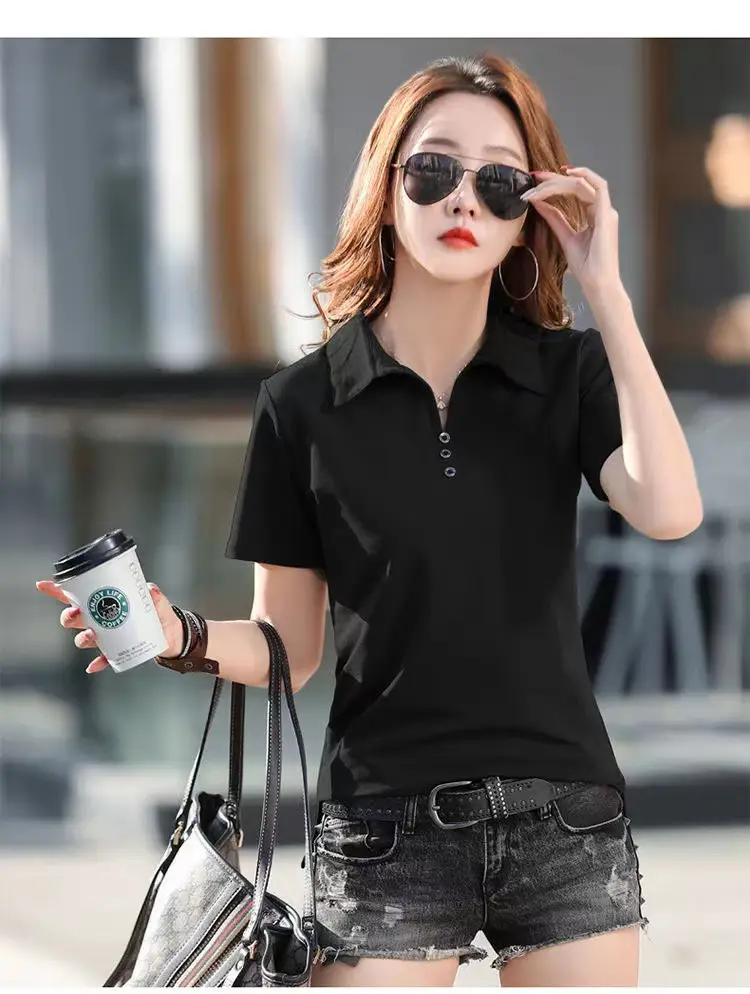 Women Polo T-Shirt Summer 2023 Solid Color — feature 19