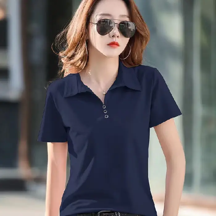 Women Polo T-Shirt Summer 2023 Solid Color - Image 3