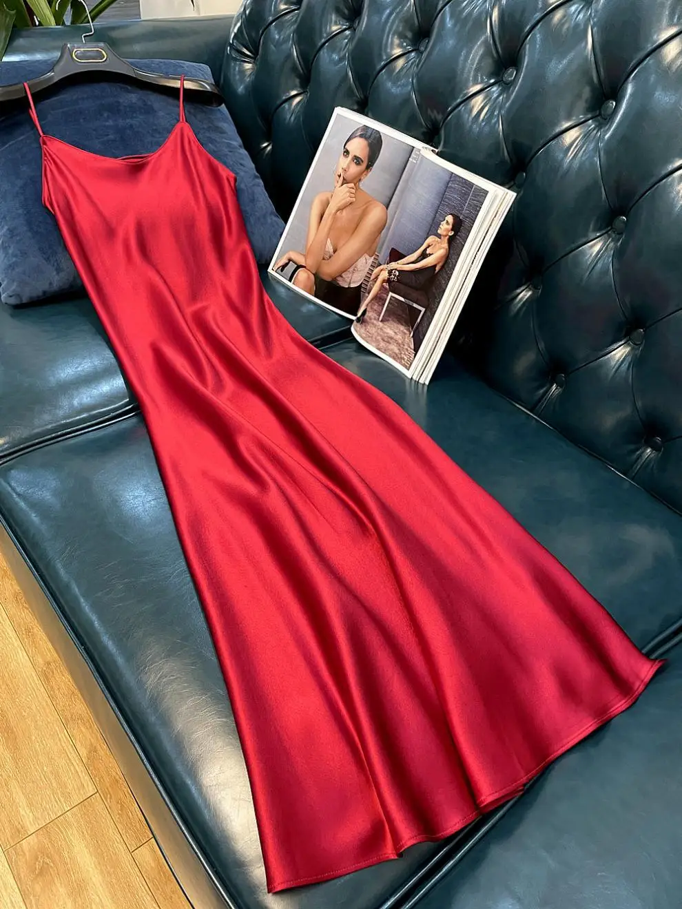 French Satin V-Neck Sling Dress Black Large — feature 8