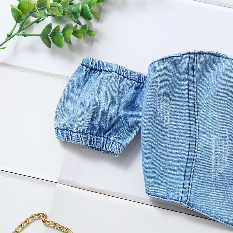 Girls Off-Shoulder Denim Ripped Top & Pants Set - Image 4