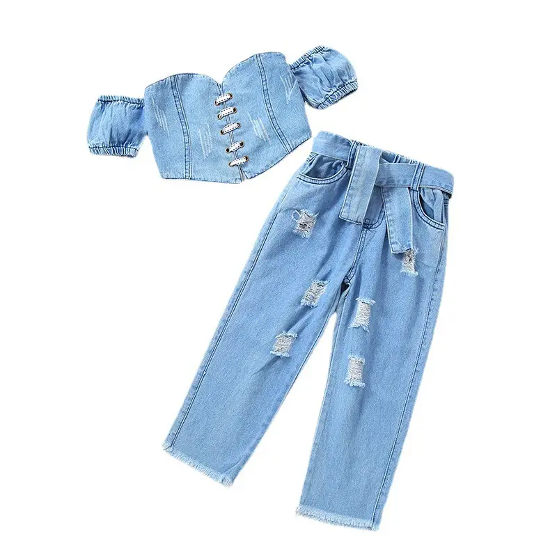 Girls Off-Shoulder Denim Ripped Top & Pants Set - Image 5