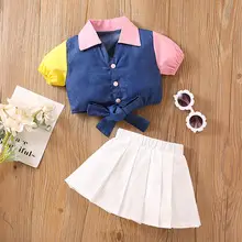 Girls Off-Shoulder Denim Ripped Top & Pants Set — feature 1