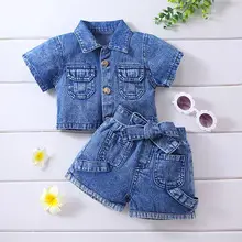 Girls Off-Shoulder Denim Ripped Top & Pants Set — feature 29