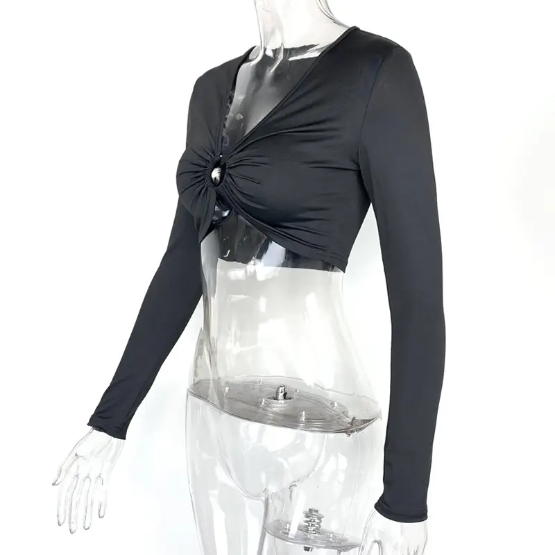 Women's White Long Sleeve Hollow Top with Slim Fit — feature 20