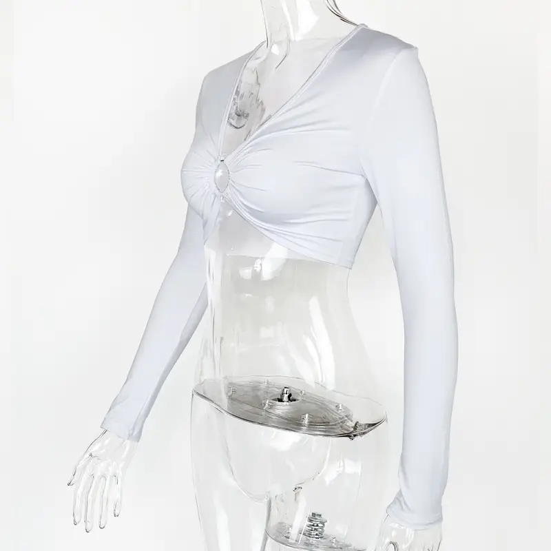 Women's White Long Sleeve Hollow Top with Slim Fit — feature 23
