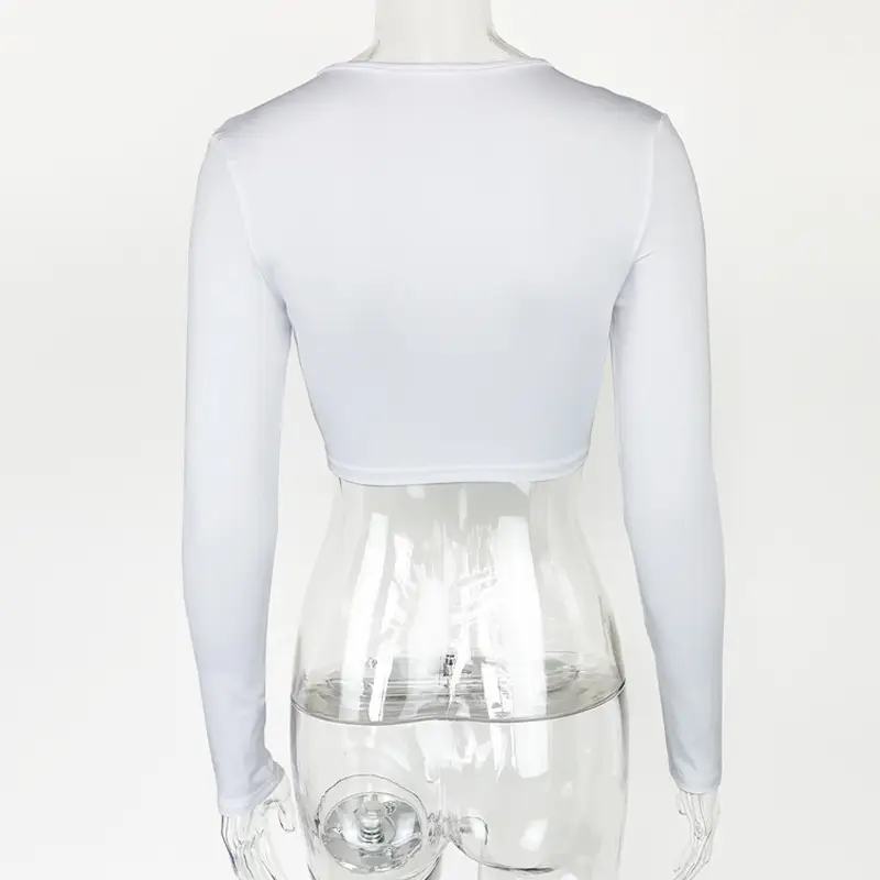 Women's White Long Sleeve Hollow Top with Slim Fit — feature 24