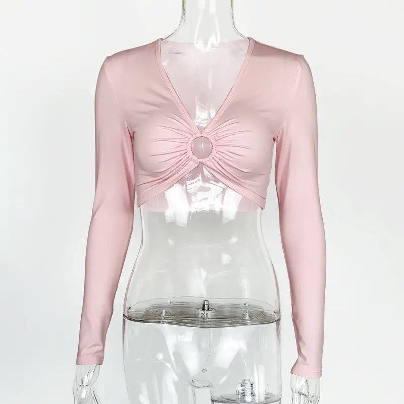 Women's White Long Sleeve Hollow Top with Slim Fit — feature 25