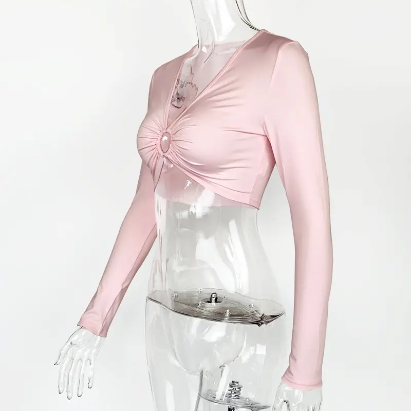 Women's White Long Sleeve Hollow Top with Slim Fit — feature 26