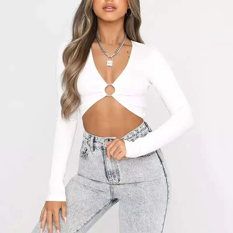 Women's White Long Sleeve Hollow Top with Slim Fit — feature 9