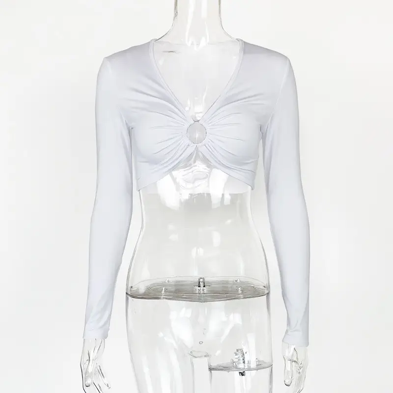 Women's White Long Sleeve Hollow Top with Slim Fit - Image 2