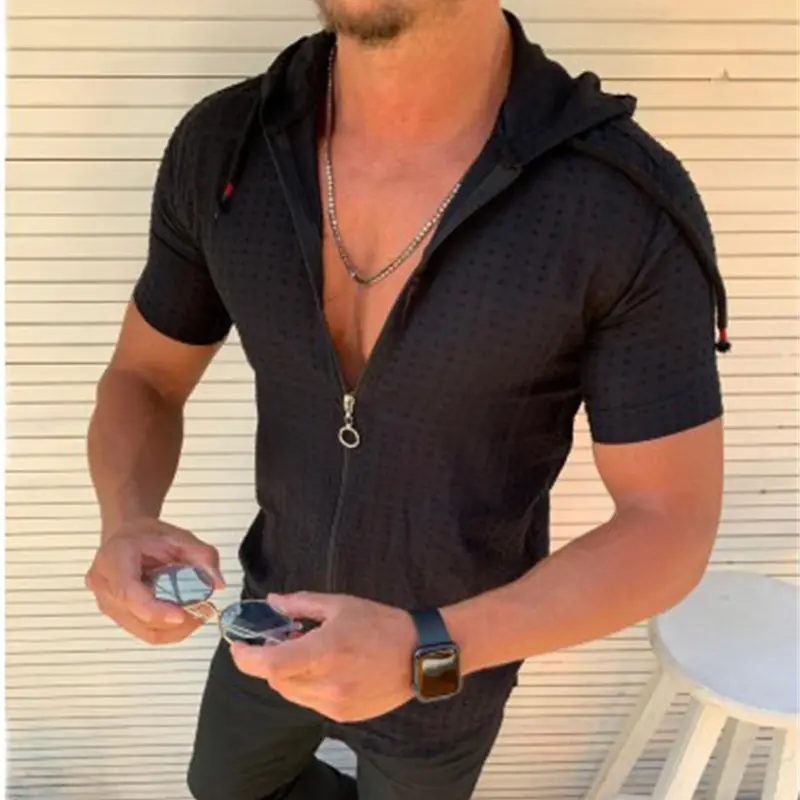 Men's Olive Green Zipper Hooded Short Sleeve T-Shirt - Image 8