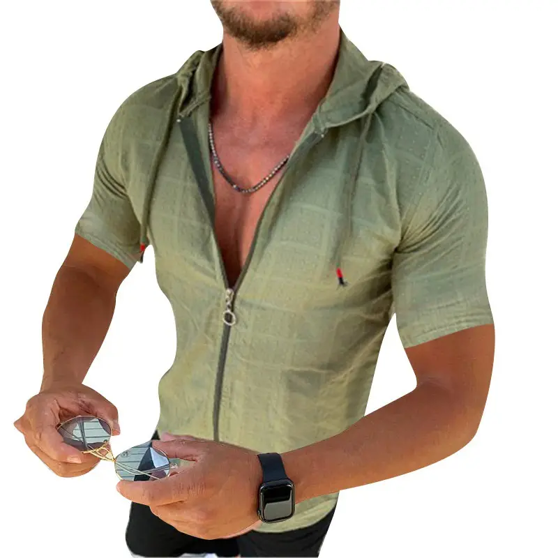Men's Olive Green Zipper Hooded Short Sleeve T-Shirt - Image 3