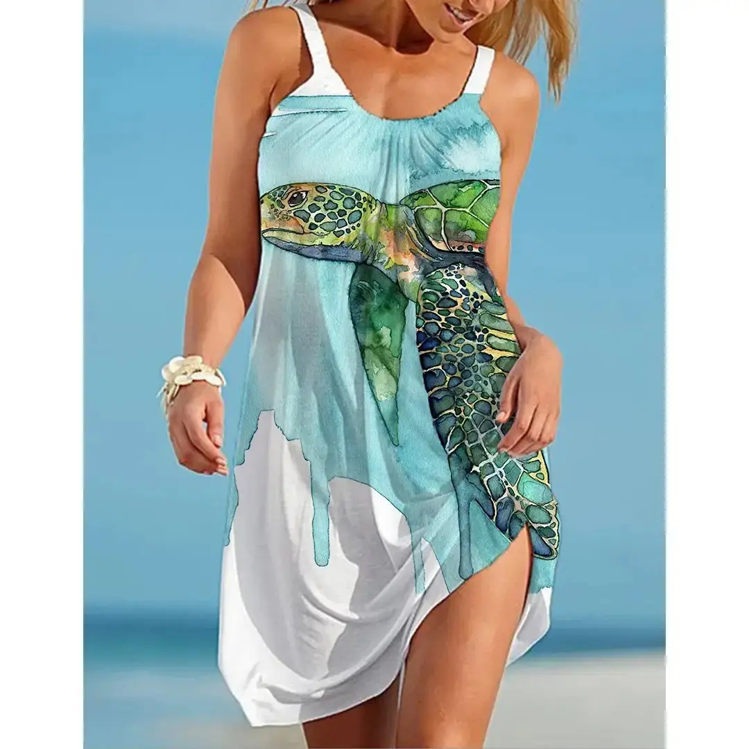 2023 Summer Seaside Turtle Print Sling Dress - Image 7