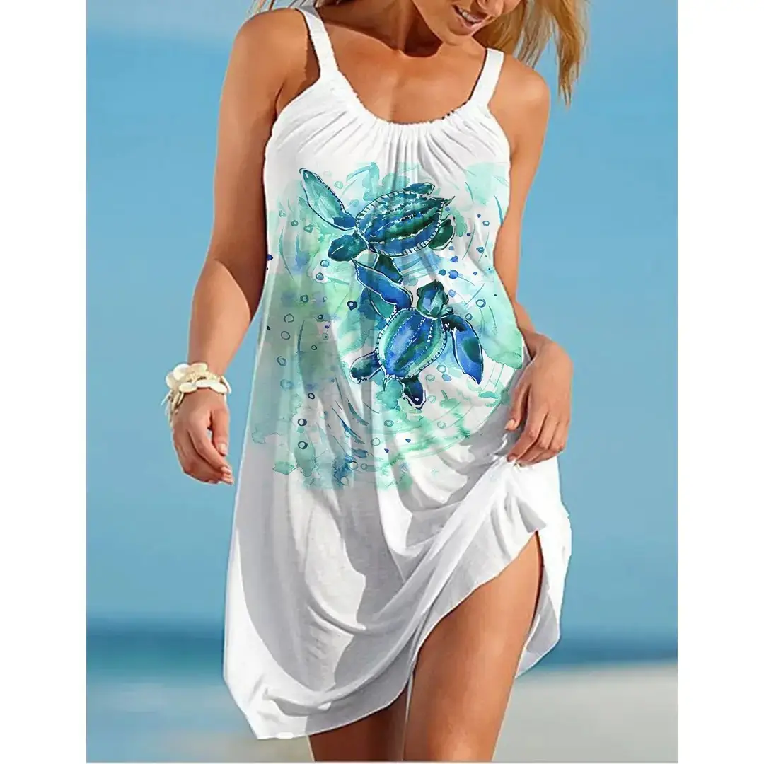 2023 Summer Seaside Turtle Print Sling Dress - Image 10