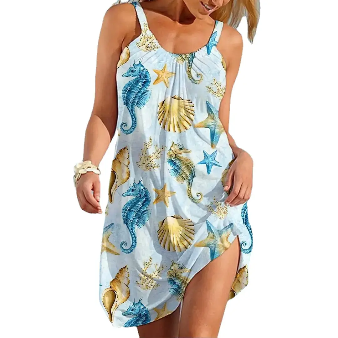 2023 Summer Seaside Turtle Print Sling Dress - Image 16