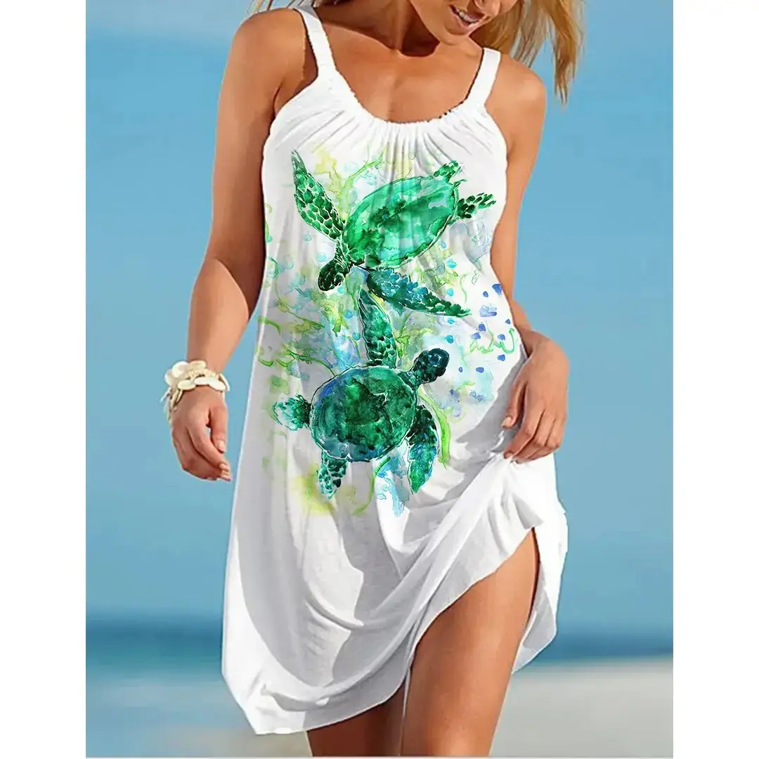 2023 Summer Seaside Turtle Print Sling Dress - Image 12