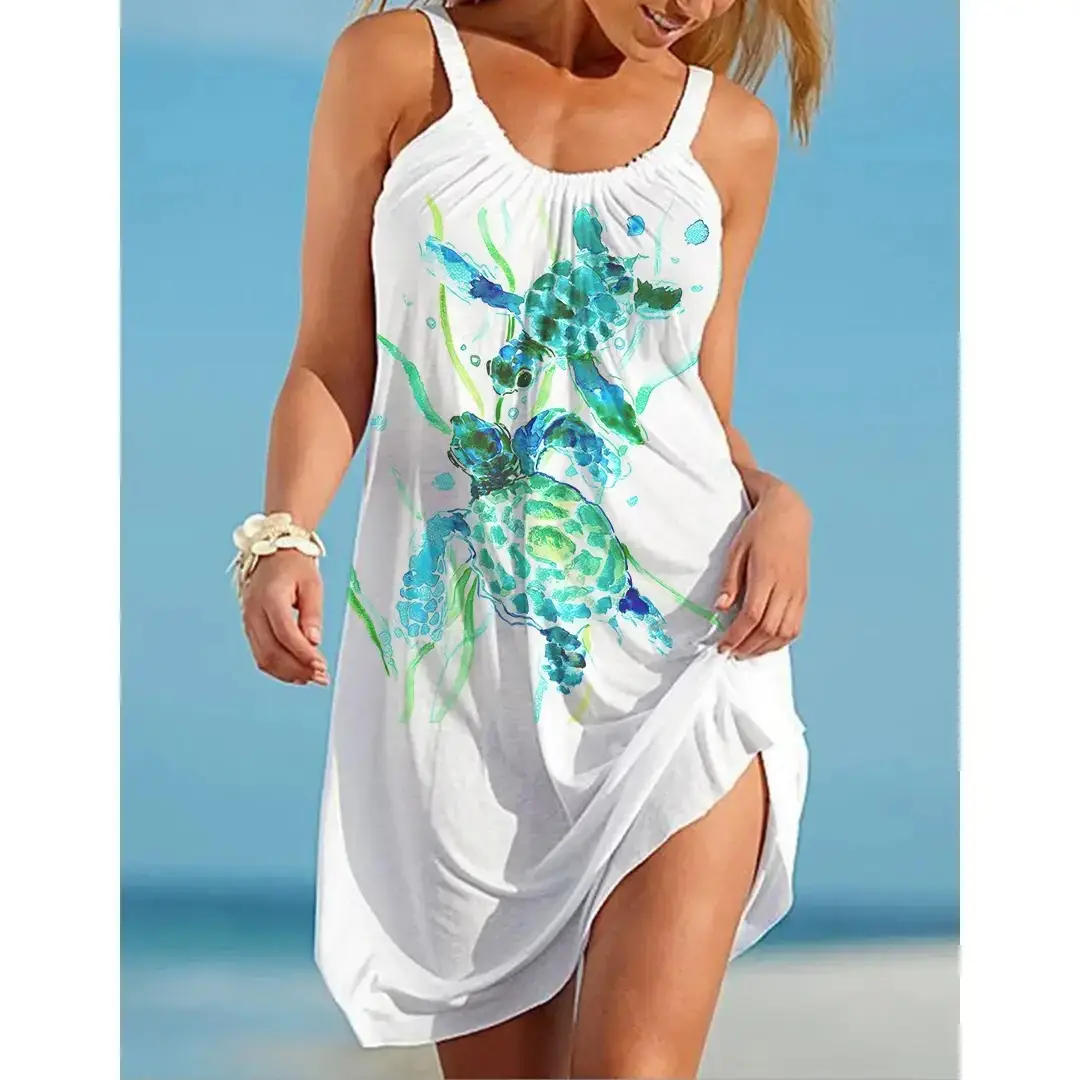 2023 Summer Seaside Turtle Print Sling Dress - Image 14