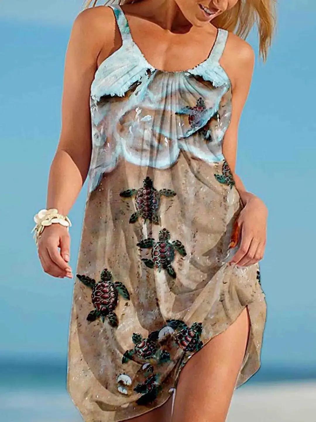 2023 Summer Seaside Turtle Print Sling Dress - Image 2