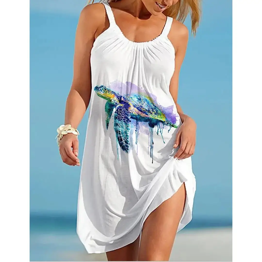 2023 Summer Seaside Turtle Print Sling Dress - Image 5