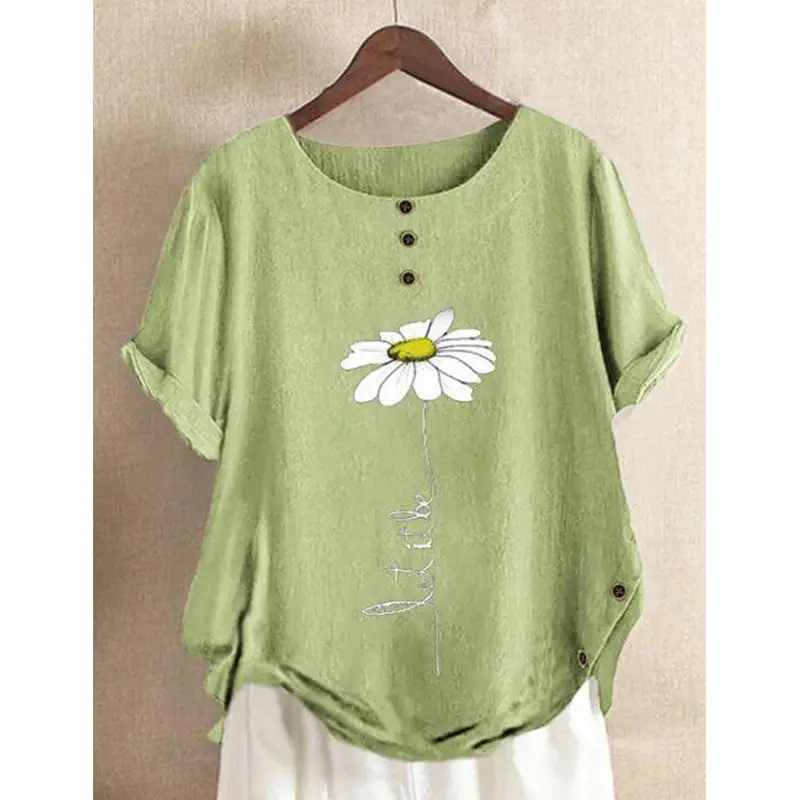 Women Cotton Printed Button Top Green Summer - Image 4