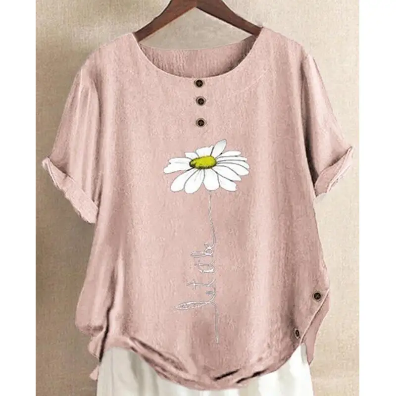 Women Cotton Printed Button Top Green Summer - Image 3