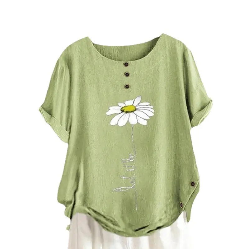 Women Cotton Printed Button Top Green Summer - Image 5