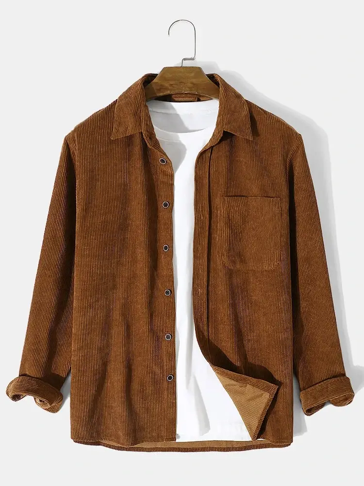 Men's Brown Corduroy Long Sleeve Shirt - Image 2