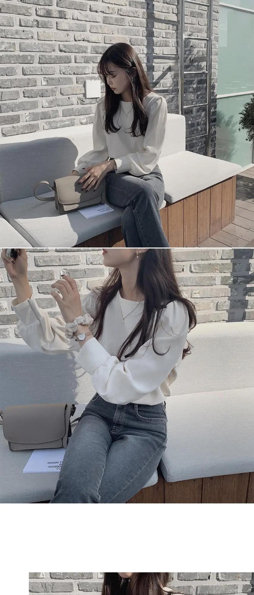 Women's Round Neck Long Sleeve Top Cream White — feature 1