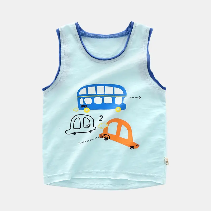 Kids Sleeveless Vest White Blue Cars Design Summer Wear - Image 4