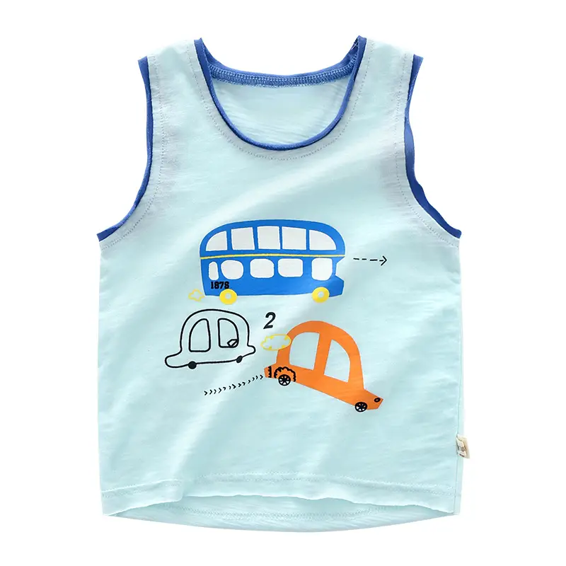 Kids Sleeveless Vest White Blue Cars Design Summer Wear - Image 2