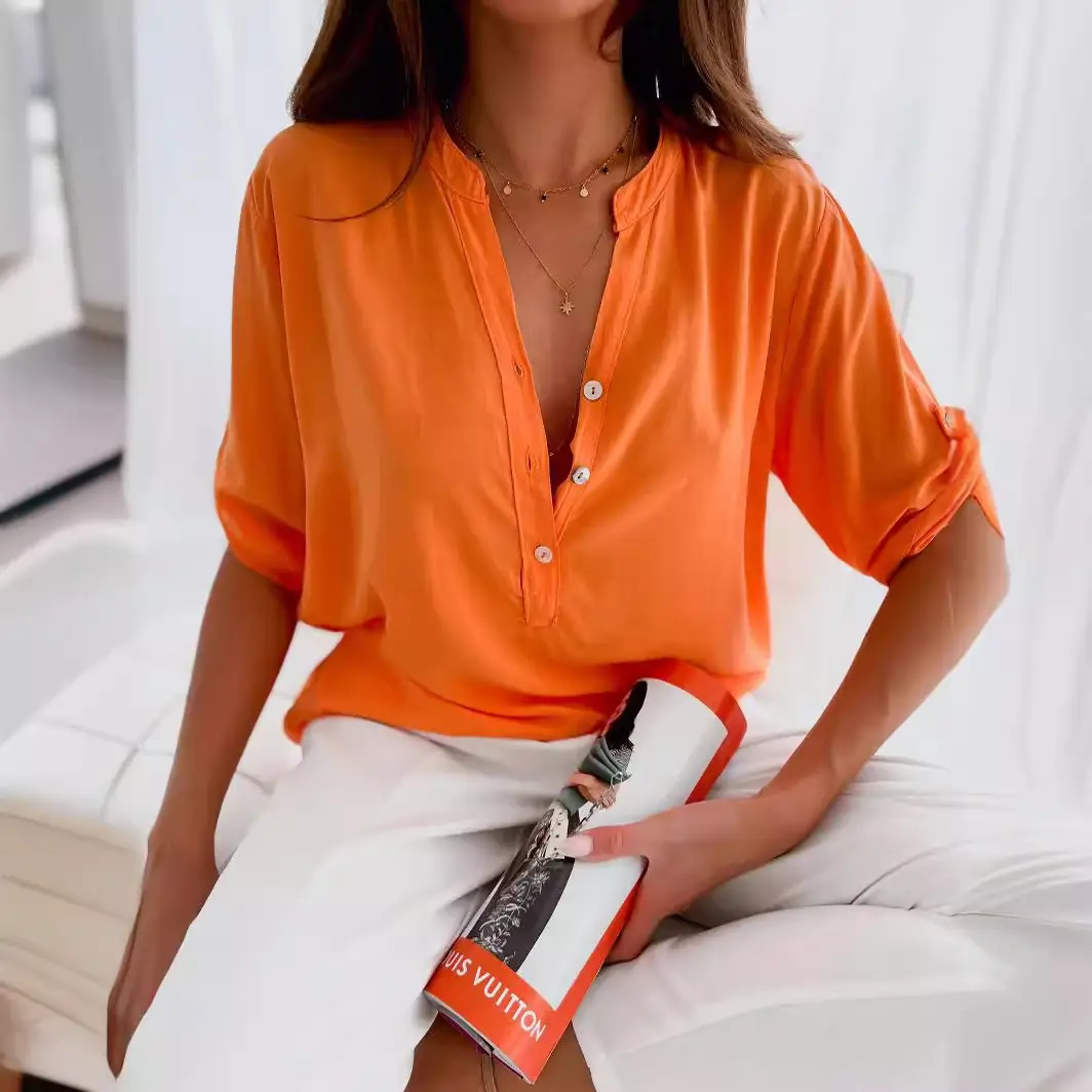 Women Pink Short Sleeve Button Top with Orange Bottom - Image 12
