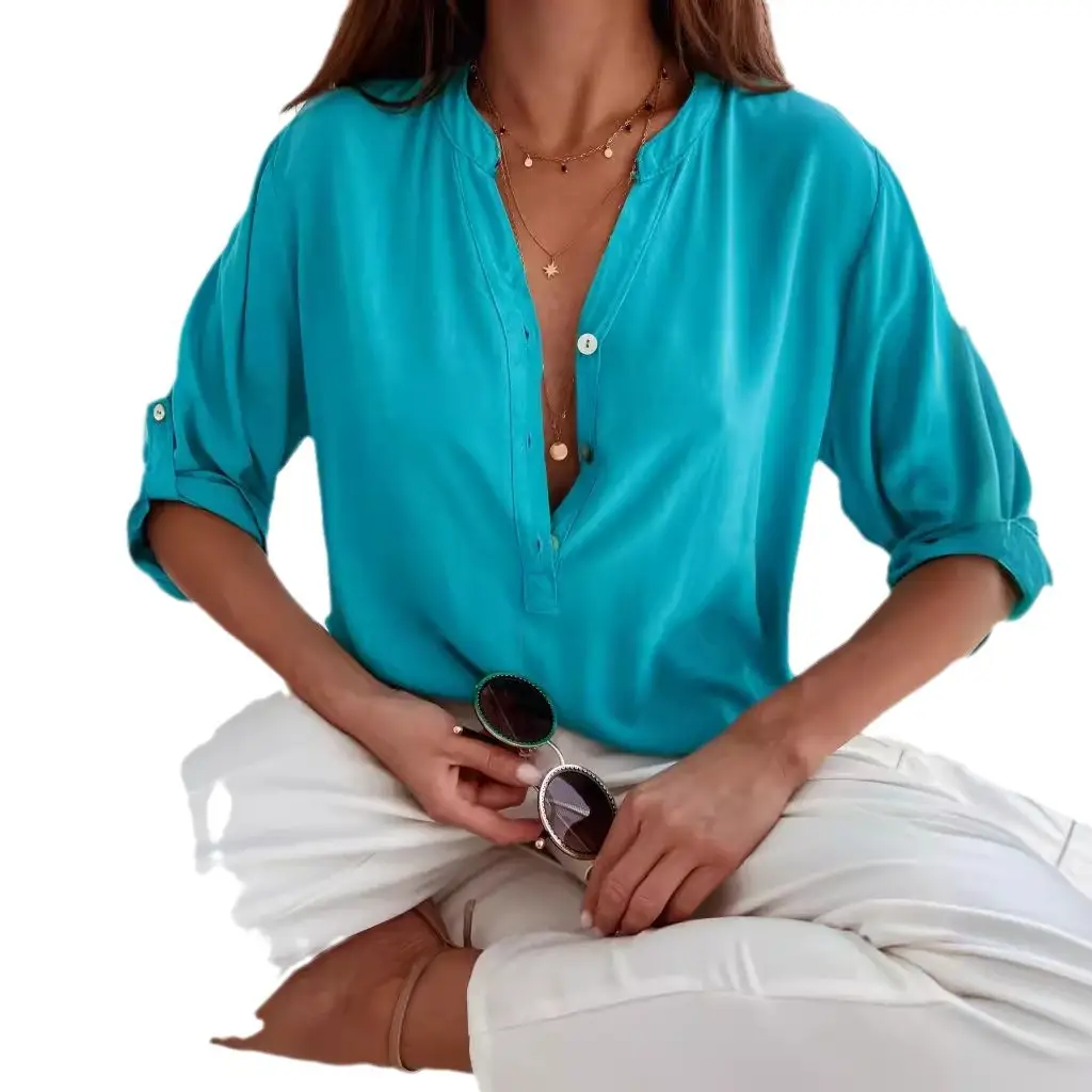 Women Pink Short Sleeve Button Top with Orange Bottom - Image 15